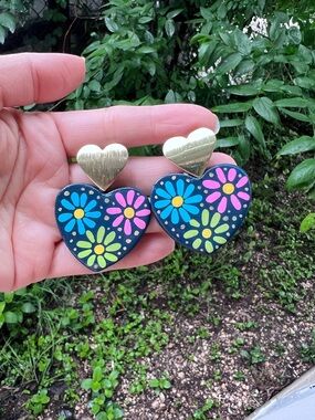 Colorful Floral Heart Drop Earrings - Navy Base with Bright Flowers